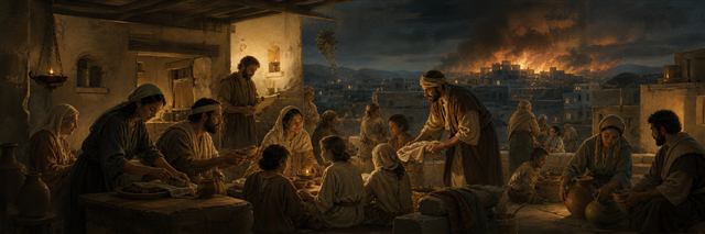 A house church sharing food and hospitality while anxious neighbors gather beyond the courtyard